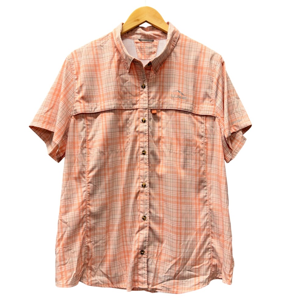 LL Bean Tropicwear Shirt Womens XL Plaid Orange Vented UPF 50+ Vented Button Up